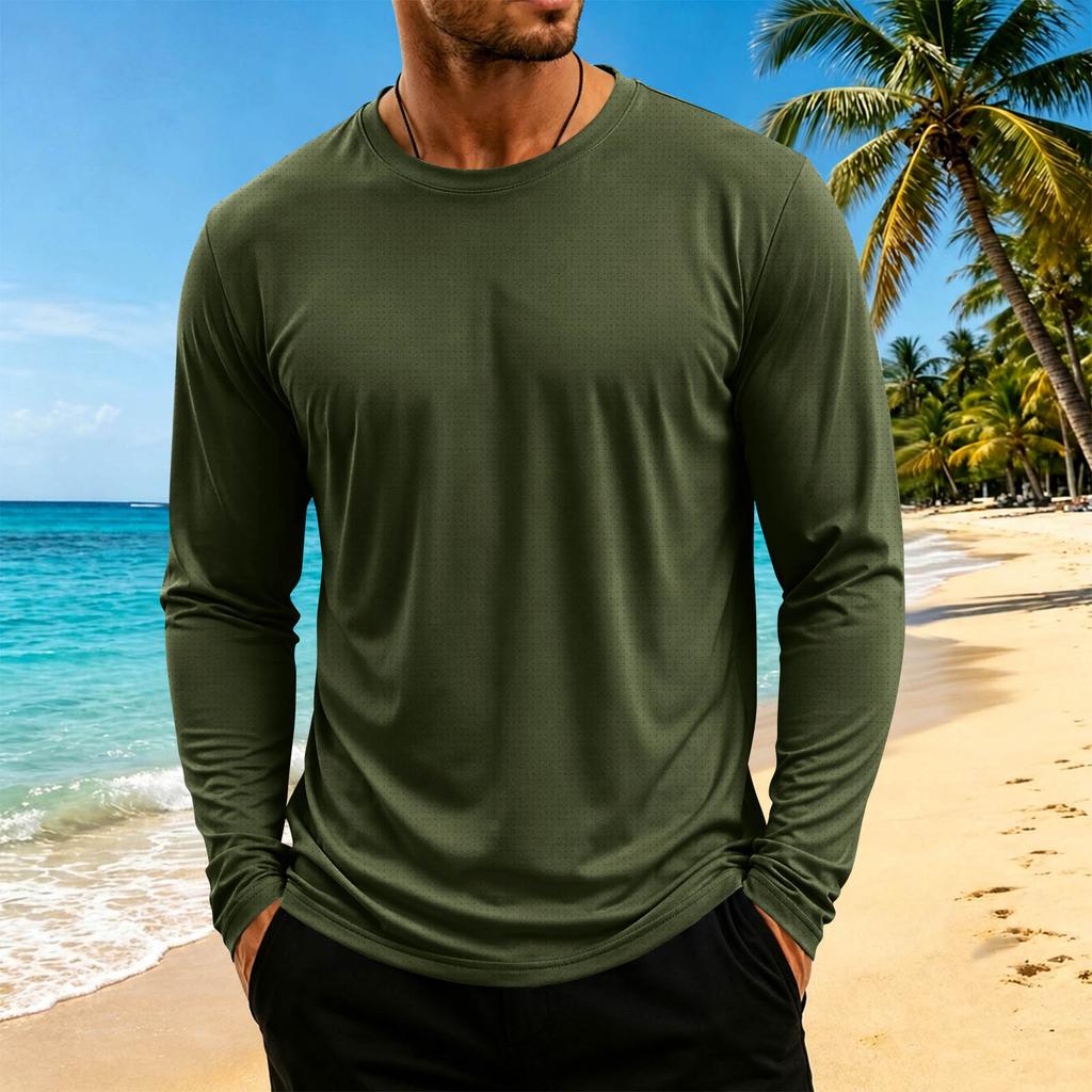 Maglia da uomo a maniche lunghe, girocollo, traspirante, fresca, atletica, per allenamento e uso casual