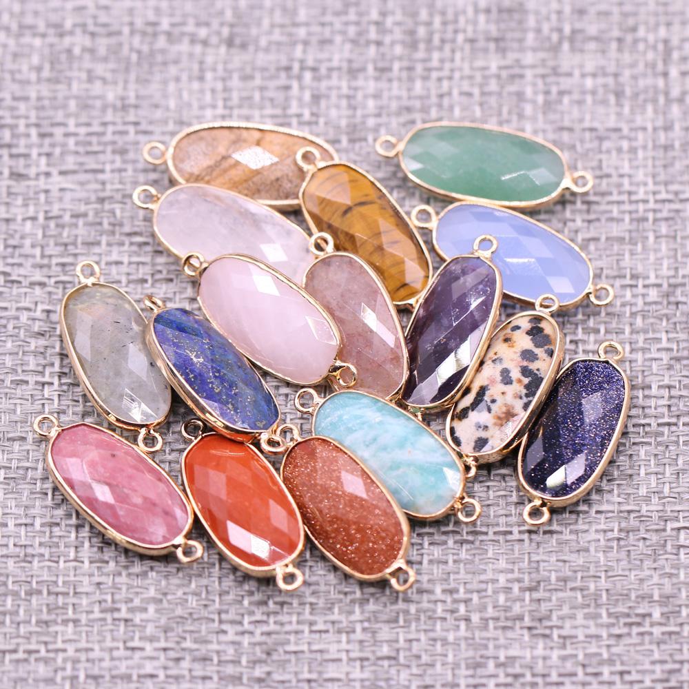 1Pc Reiki Healing Crystal Connector, Energy Natural Stone Oval Quartz Agate Amethyst Gemstone Pendant Charms Connectors for DIY Jewelry Making Craft