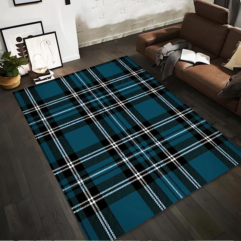 Modern Plaid Pattern Carpet, Blue and Black Decorative Area Rug Suitable for use as an anti-slip for living room bedroom sofas