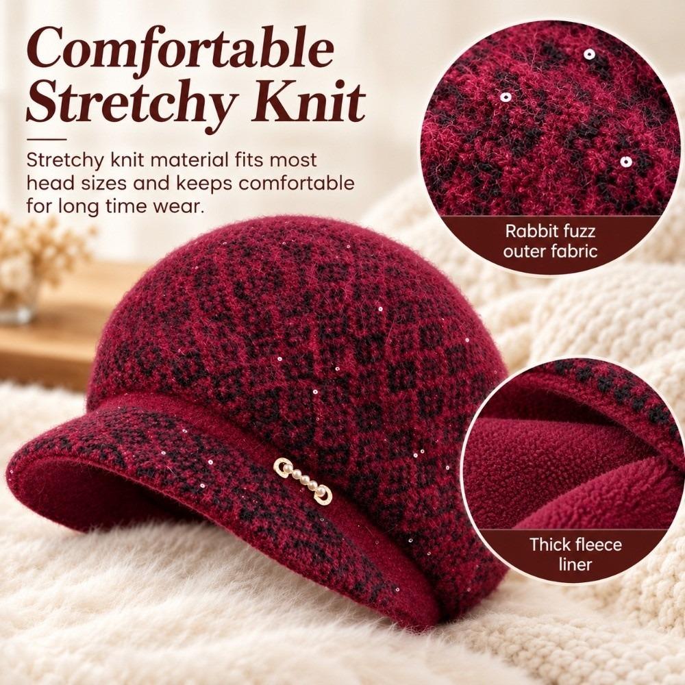 Short Brim Design Winter Brimmed Hat Fleece Lined Beanie Senior Women Daily Wear