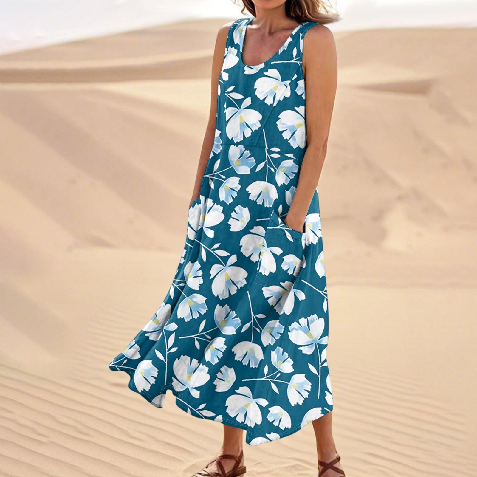 Women s Summer Casual Fashion Flower Printed Sleeveless  Pocket Dress L циан