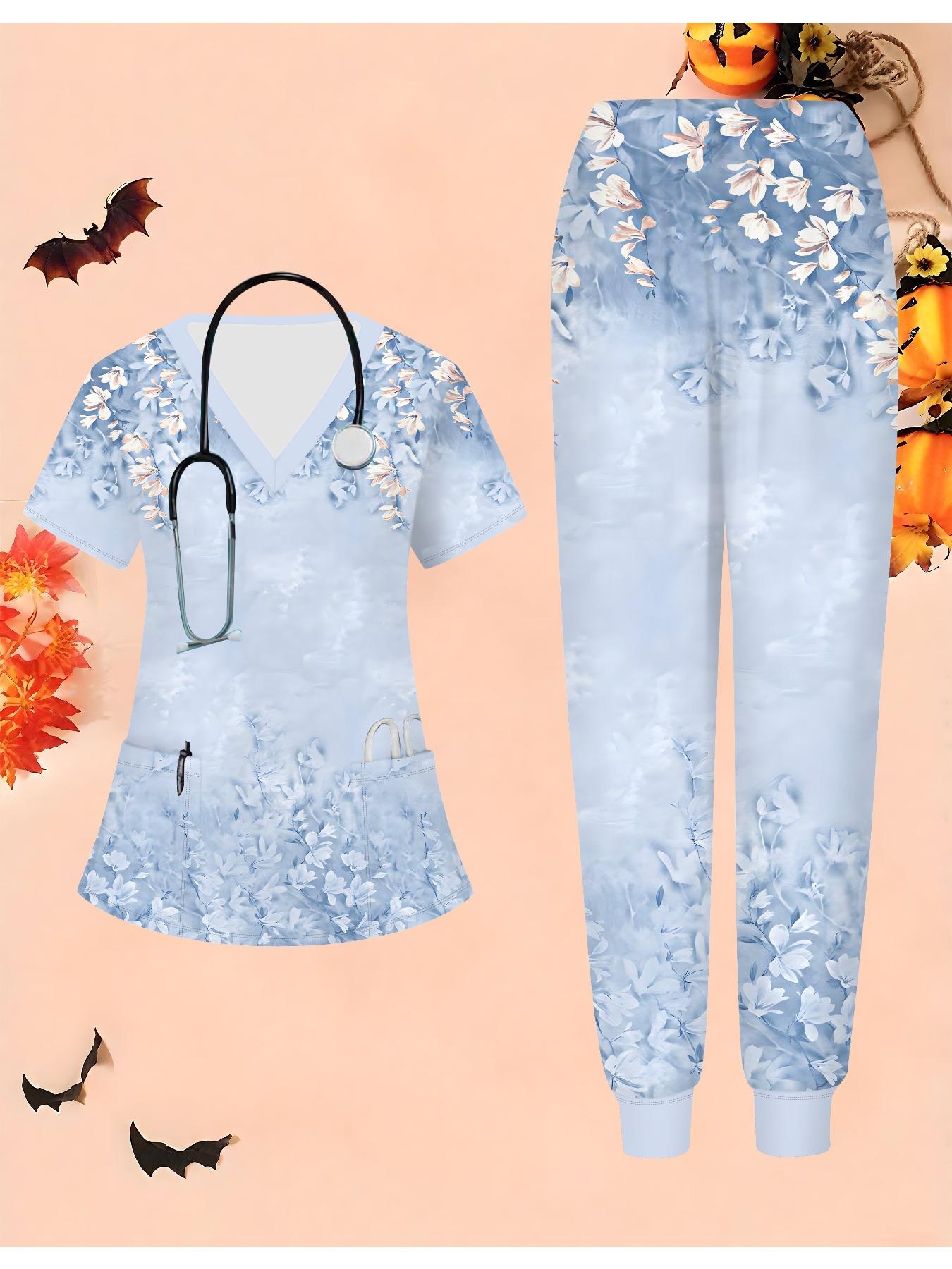 

Женский комплект медсестры с 3D-принтом цветов, короткий рукав, длинные брюки с карманом, повседневный, модный, рождественский подарок XXL синий