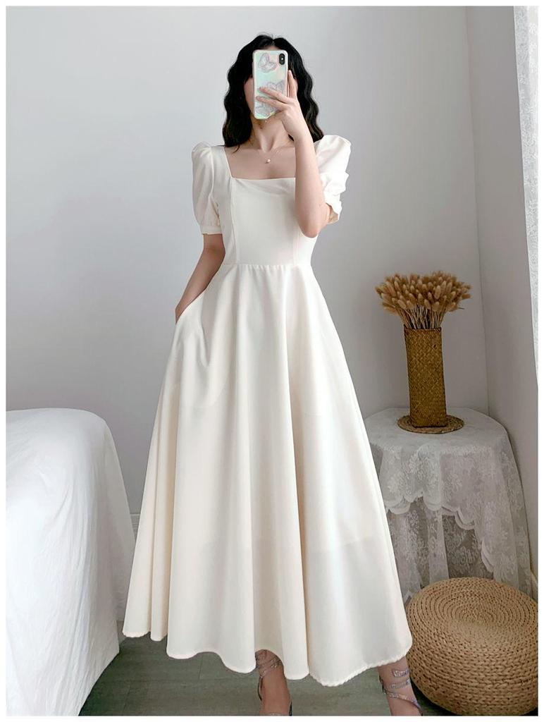 Hepburn Style Puff Sleeve White Dress: Square Collar, Slim Waist, Knee-Length, Summer Temperament