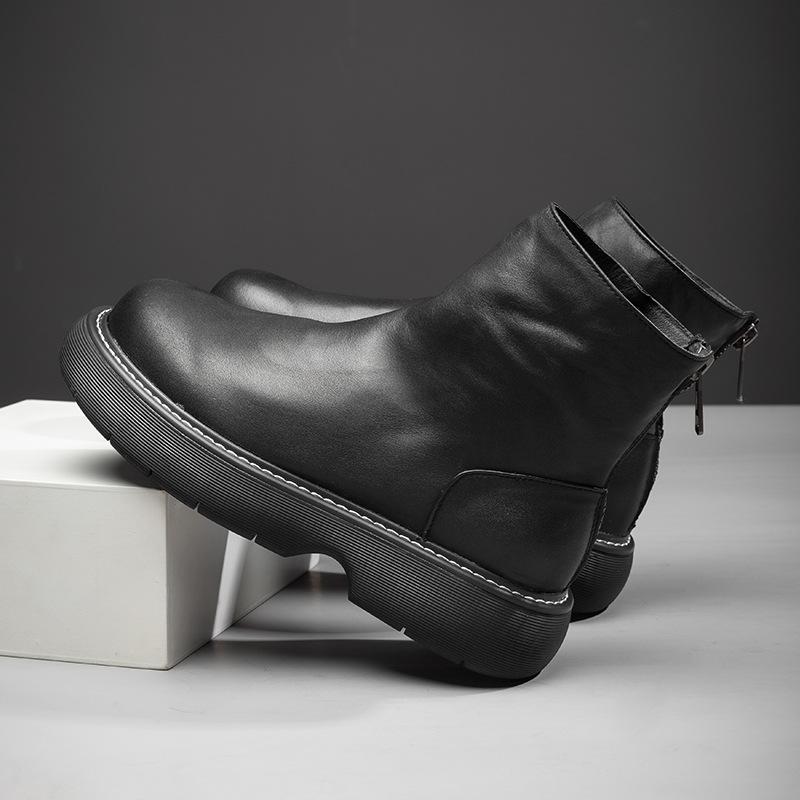 Platform-soled Chelsea Boots Men's Short Boots Trendy Fashion Men's Shoes High-top Casual Leather Shoes British Style Velvet Martin Boots