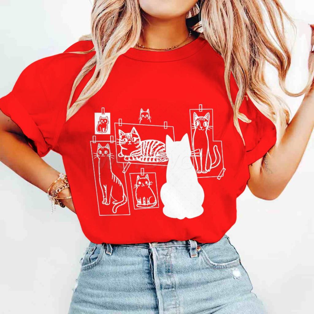 Funny Black Cat Gallery Print T Shirt for Women Cartoon Aesthetic Vintage Shirts Casual O-neck Tee Cat Lovers Gifts T-shirts