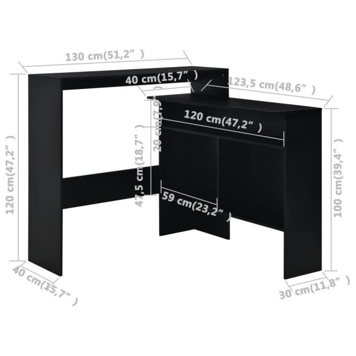 VidaXL Table de bar avec 2 dessus de table Noir 130 x 40 x 120 cm