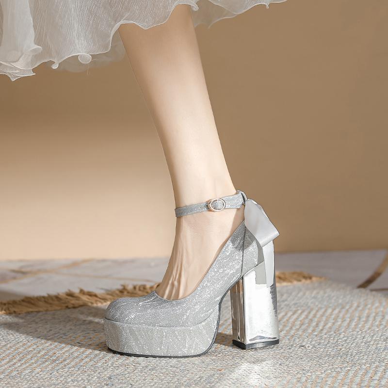 2025 French Silver Platform Non-slip Mary Jane High Heels Women's Chunky Wedding Shoes Bride Shoes Small Line with Single Shoes