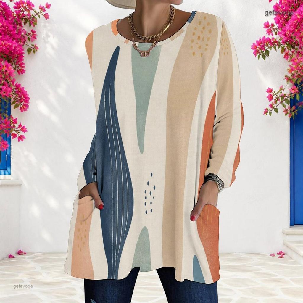 Women Plus Size Round Neck Long Sleeve Geometric Printed Loose Longline T Shirt With Pockets