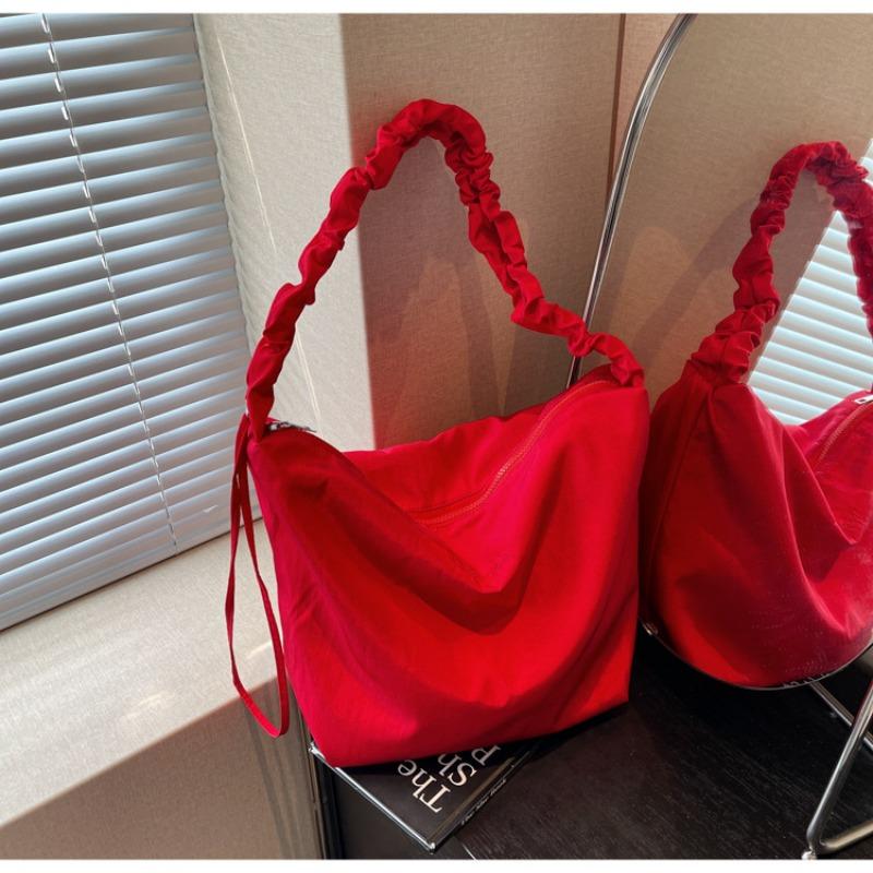 Canvas Bag Women's Large-capacity New Summer Versatile Pleated Shoulder Messenger Bag College Student Tote Bag