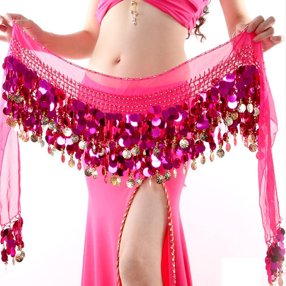 Bellydance Hip Scarf with Dangling Sequins for Belly Dancer Waist Chain Skirts Wrap 11 Colors Cute Stage Dance Wear for Women