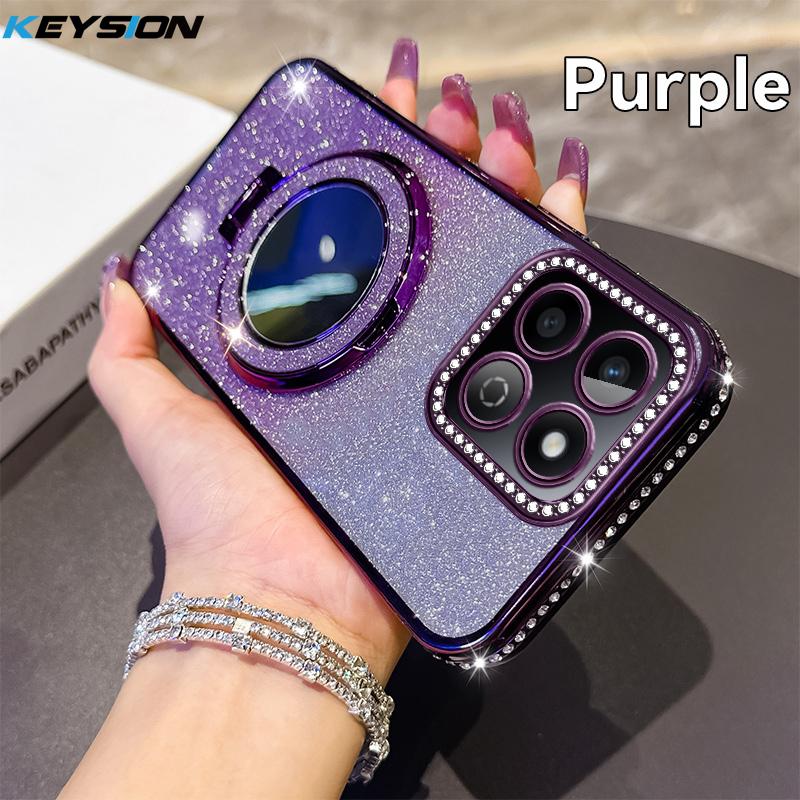 KEYSION Glitter Jewelled Magnetic Phone Case for HONOR X7c X8b X8A Makeup Mirror Stand Shockproof Cover for Honor 200 Smart 5G