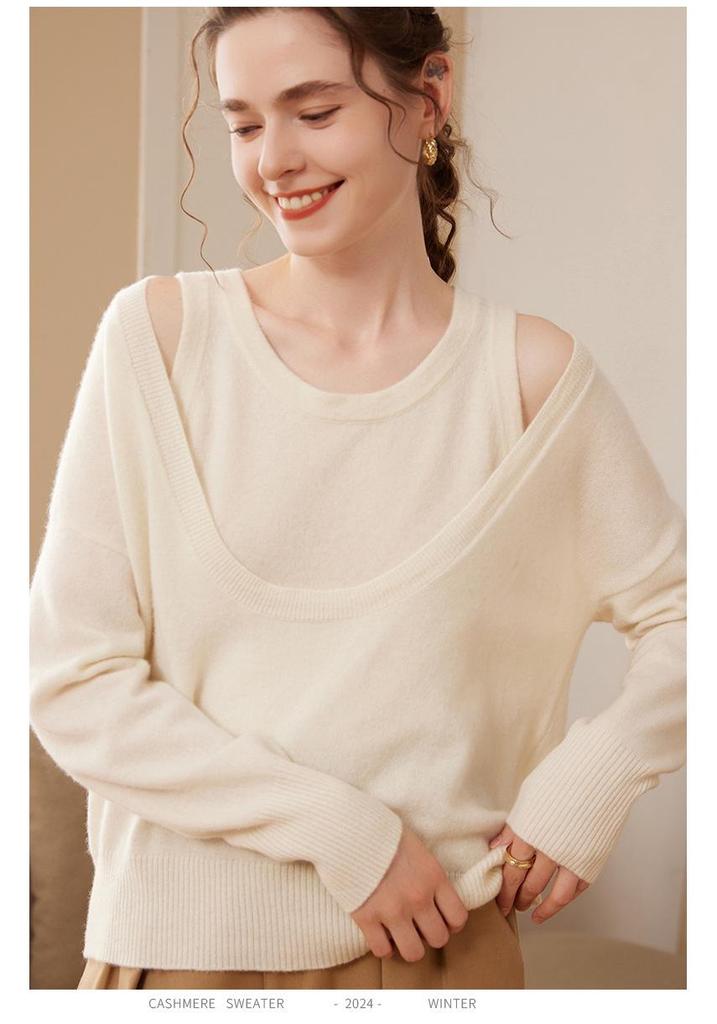 Women's Loose Long-Sleeved Cashmere U-Neck Pullover Sweater for Autumn/Winter - Soft, Versatile, Fashionable