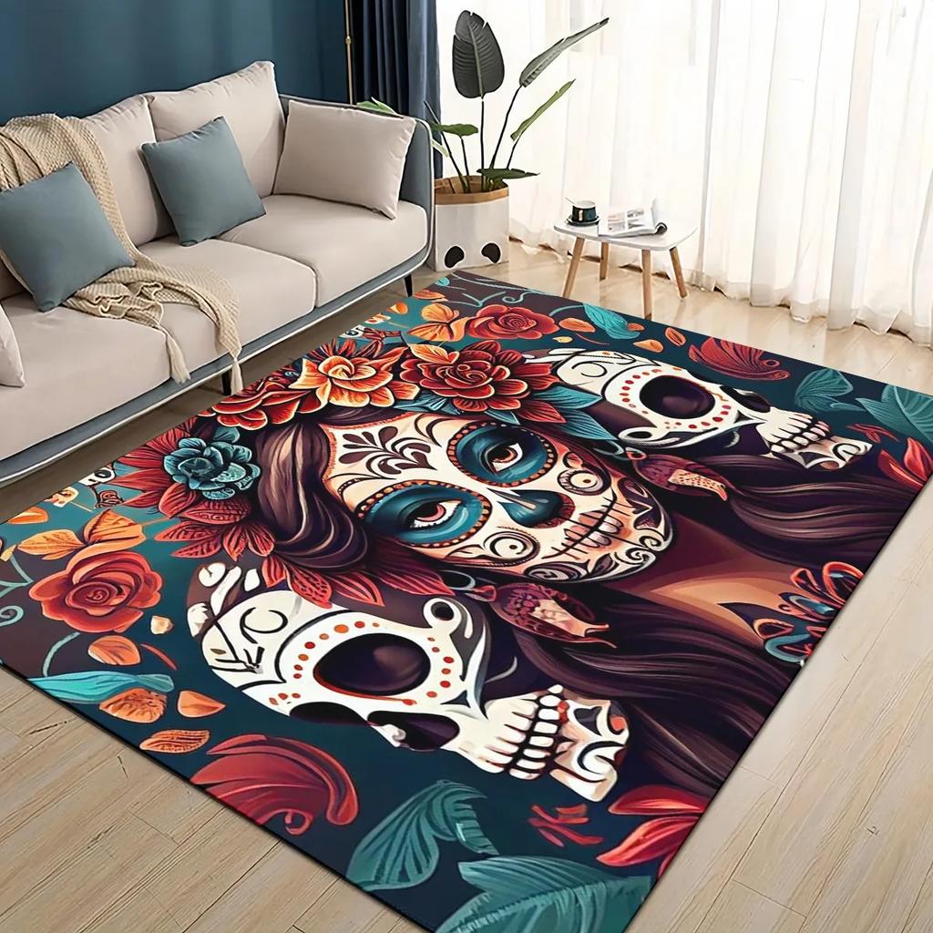 Covor Rug 3D Craniu Gotic Față Trandafir Femeie Desen Animat Groaznic pentru Sufragerie Dormitor Casă Decor Canapea, Covoraș de Podea Antiderapant pentru Copii