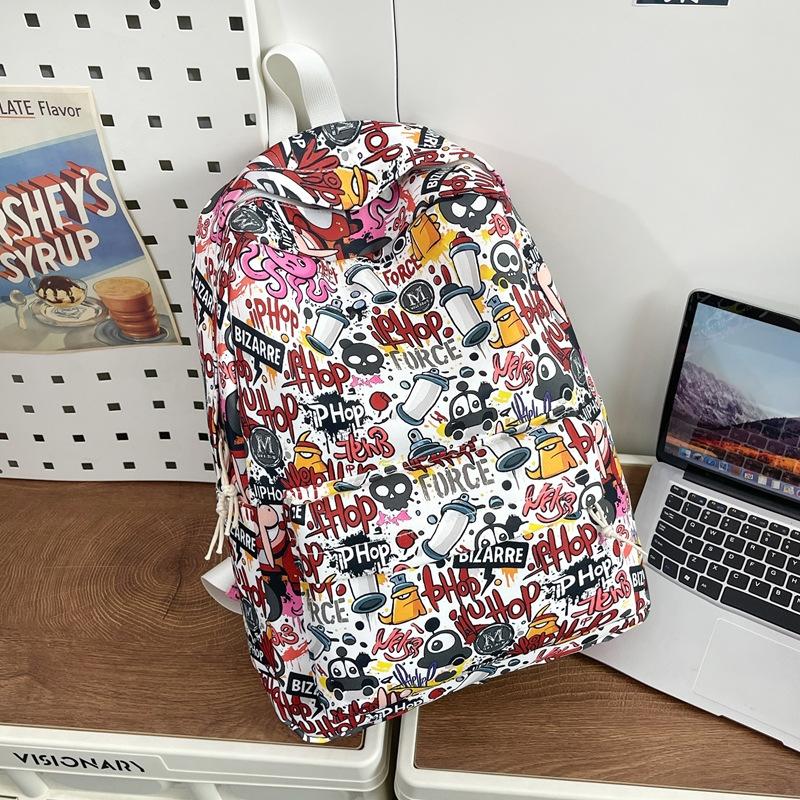 Schoolbag Backpack Men's 1 Trend Graffiti ins Large Capacity Fashion Printing Student Women's Backpack Waterproof and Wear-resistant White Ditch