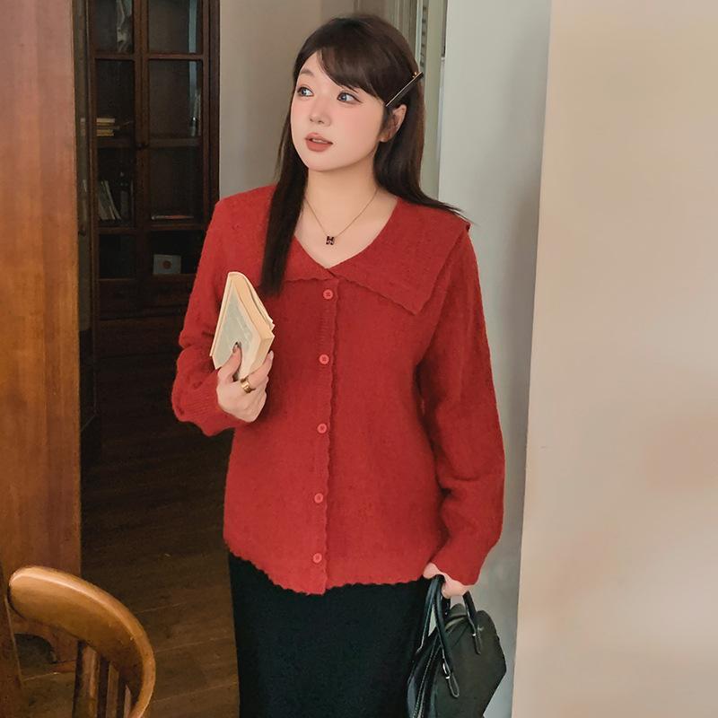 Übergröße Damen Temperament Puppenkragen Langarm Locker Gestrickte Strickjacke