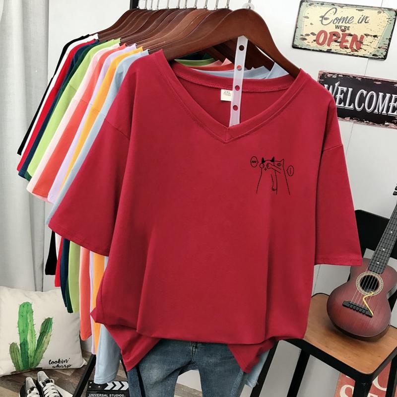 Short-sleeved T-shirt, Loose-fitting, Slimming Printed V-neck Top for Women