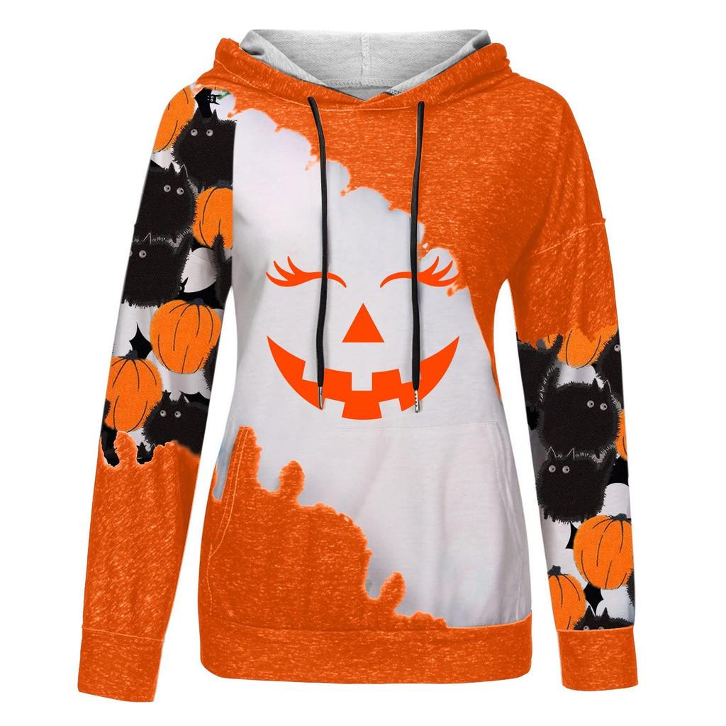 Women's Casual Fashion 2022 Halloween Print Long Sleeve Pullover Hooded Top