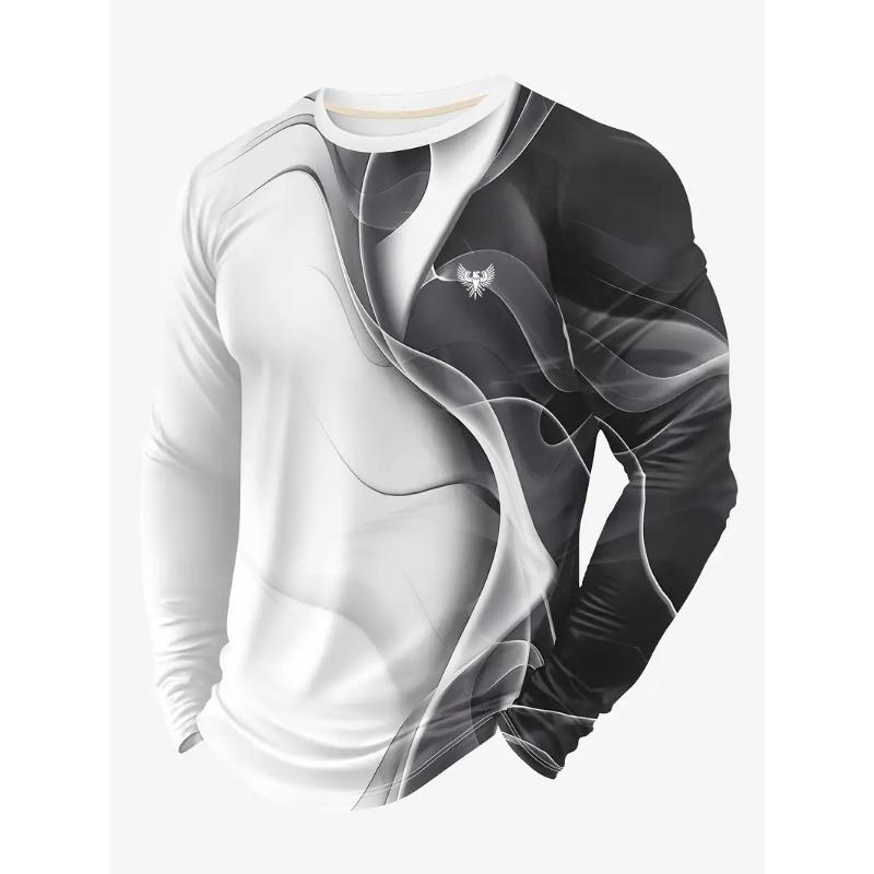 3D Digital Printed and Blended Pattern Men's Round Neck Long Sleeved T-shirt for Casual Spring and Autumn Outdoor Wear, Comfortable To Wear