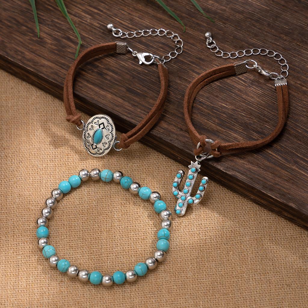 Ethnic Style Retro Imitation Turquoise Cactus Tag Bracelet Set Personalized Multi-Element Beaded Jewelry