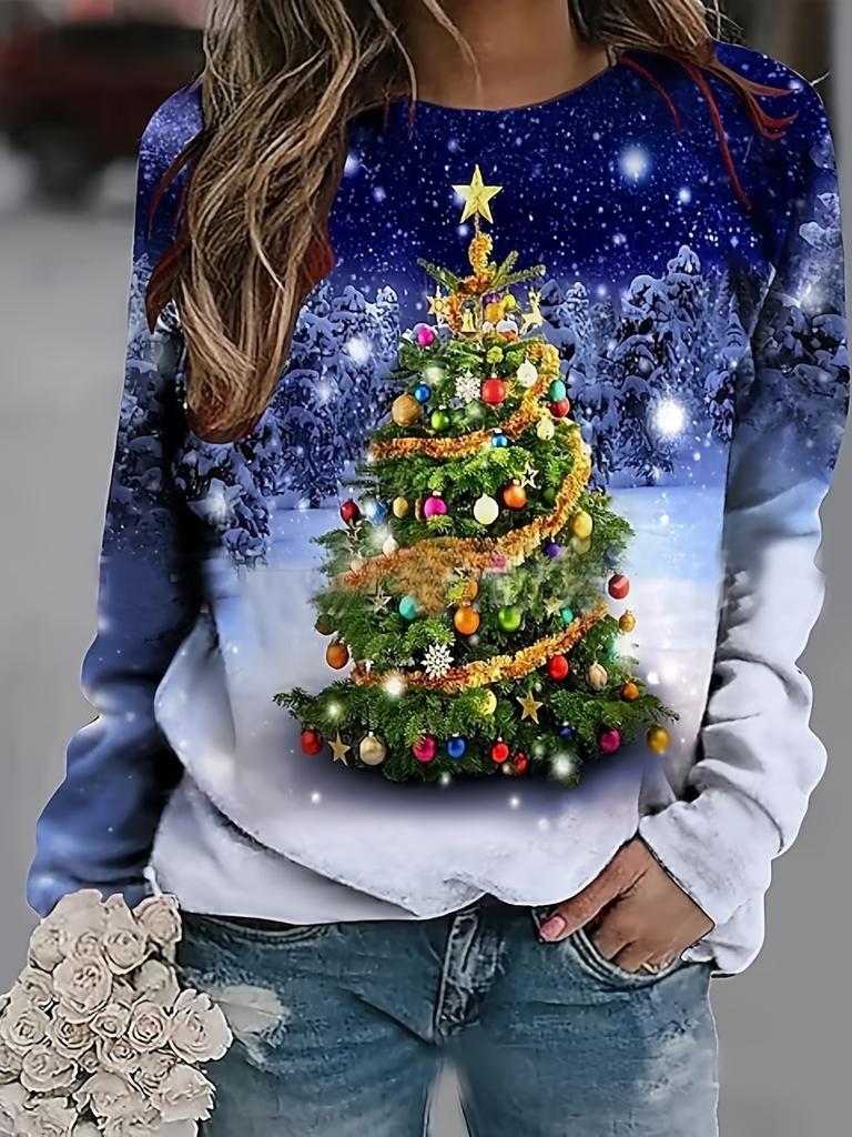 Santa and Reindeer Print Long Sleeve T-shirt for Women - Casual Polyester Knitted Fabric, Round Neck