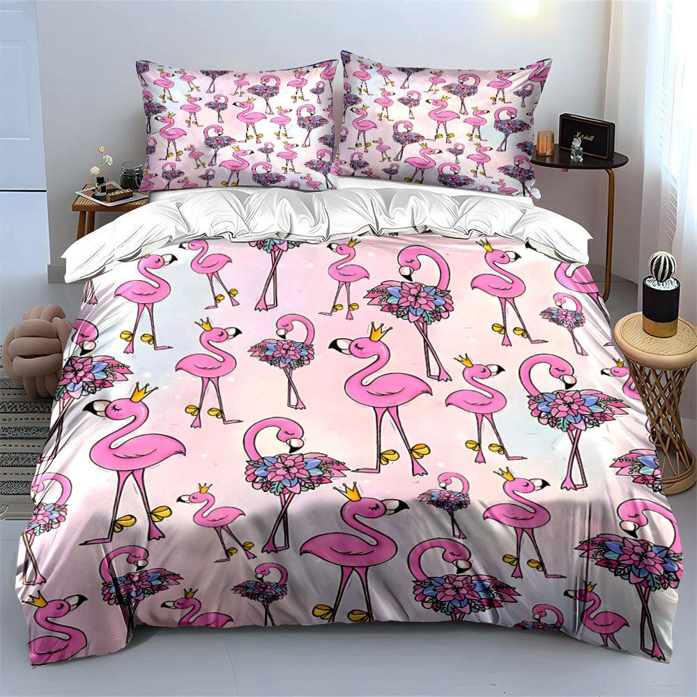 Pink Flamingo Pattern Three-Piece Set Multiple Sizes Kid'S And Adults' Bedroom Exquisite 3Pc Bedding Set, Gift