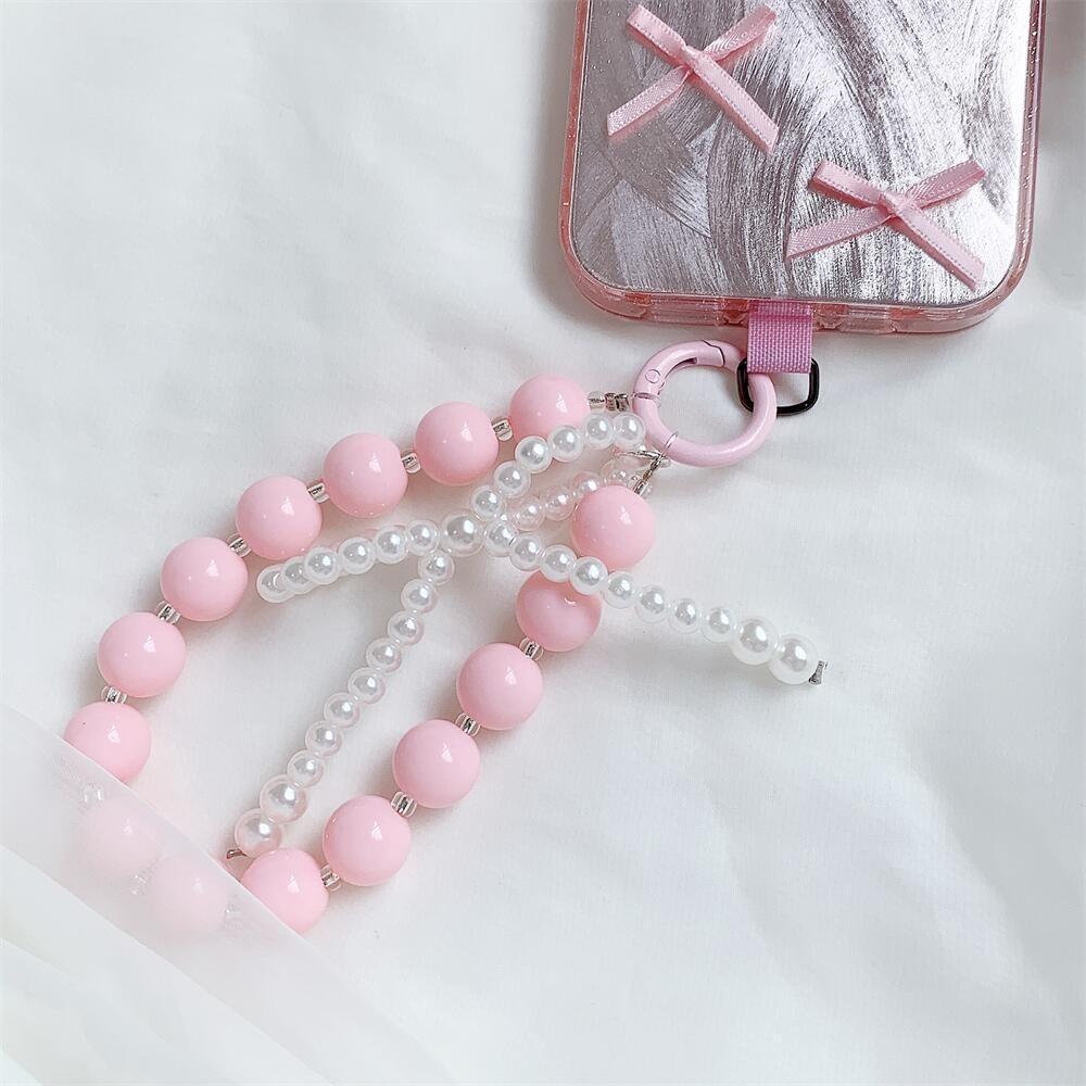 Pink Beaded Bow Keychain Mobile Phone Chain Earphone Bag Anti-Lost Rope Car Keychain Girls Fashion Backpack Pendant Accessories