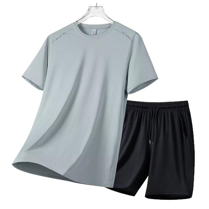 2025 Men's Plus Size Quick-Dry Fitness Running Set - Breathable Ice Silk Short Sleeves for Summer