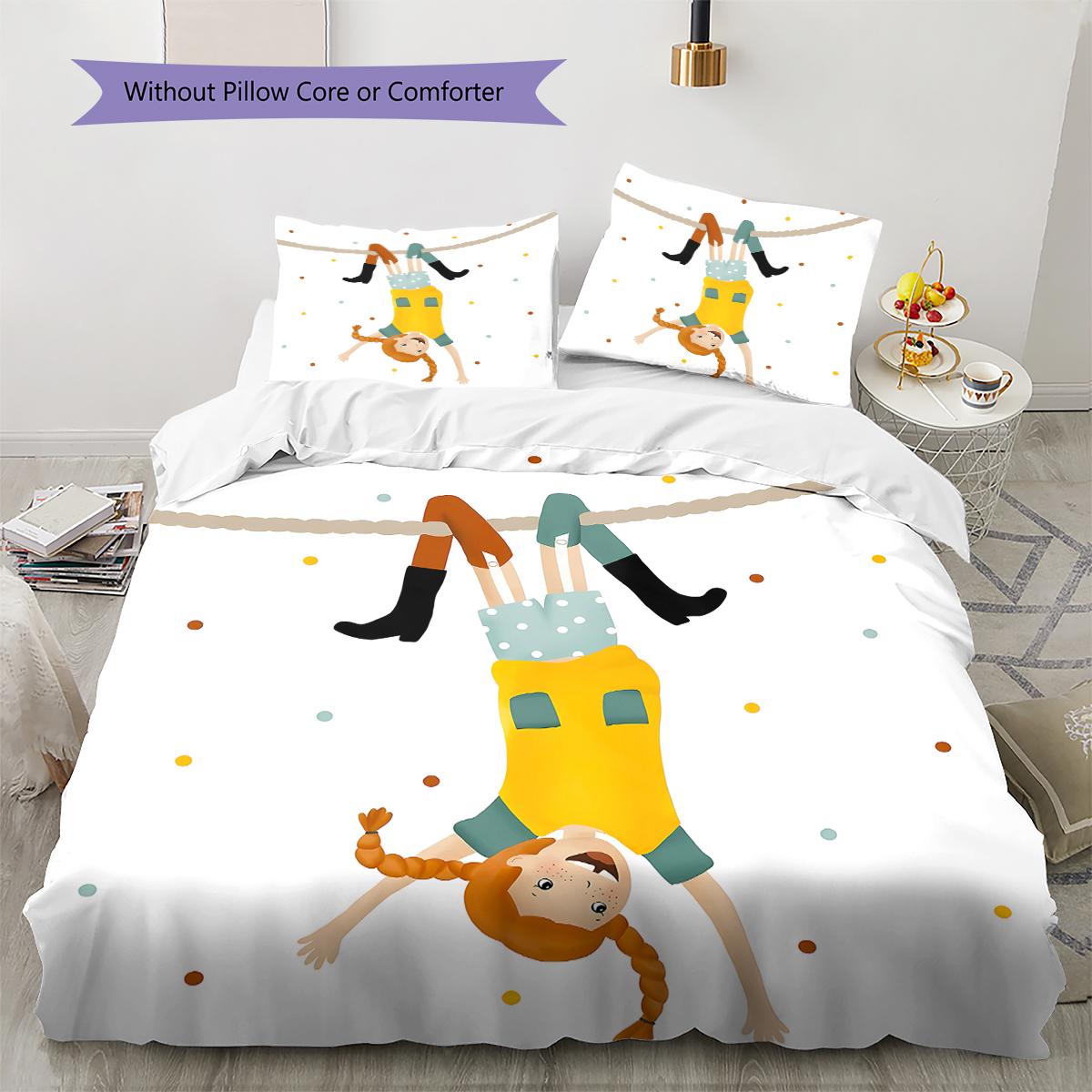 Pippi Langstrumpf Muster Bettwäsche, Steppbett Set Bettbezug Kissenbezug Zuhause Geburtstagsgeschenk (1 Bettbezug + 2 Kissenbezüge, ohne Füllung) 135x200cm
