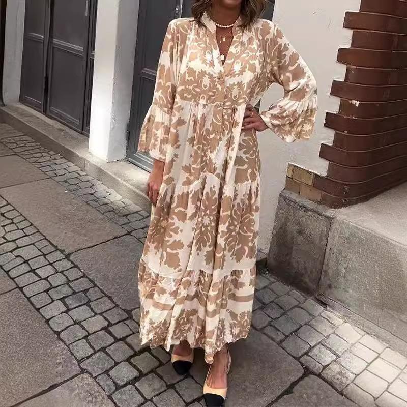 QICED Fashion Summer Spring Long Sleeve V-Neck Casual Dresses