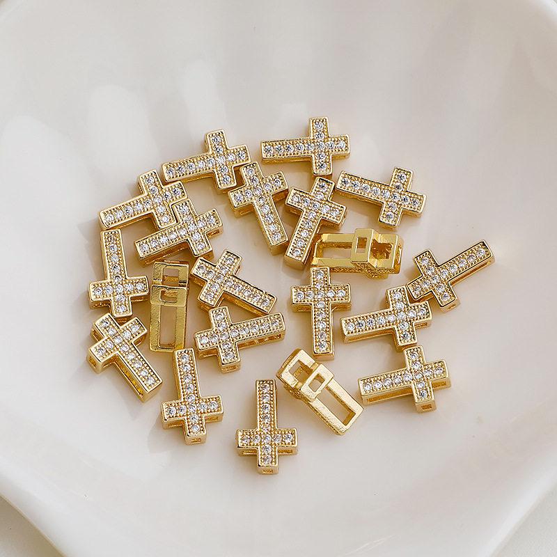 

14K Gold Plated Colorfast Zircon Double-Sided Cross Pendant with Beading Rope DIY Jewelry Materials