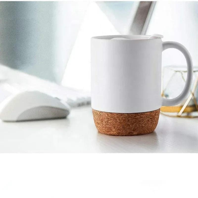 Einfache Keramik-Kaffeetasse mit Korkboden und Deckel, Spritzgeschützt, Hitzebeständig, Matt, Uni-Weiß, Schwarzer Korkboden, Teetasse