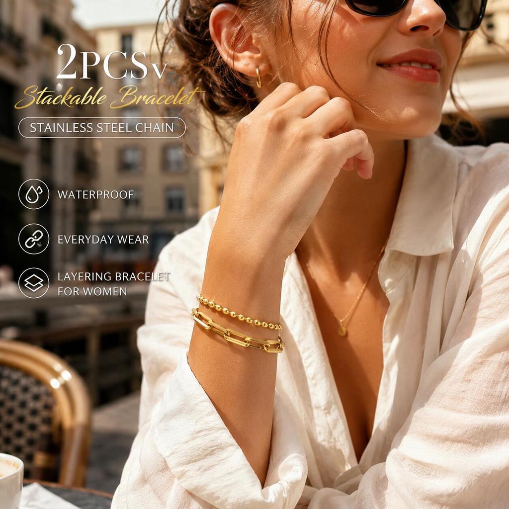 316L Stainless Steel Bracelet 2PCS, Golden Layered Chain Adjustable Stackable Jewelry, Women Summer Vacation Gift