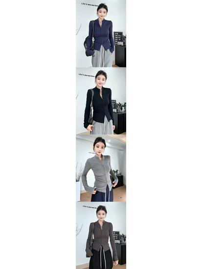 Hong Kong Style Double Zipper Stand-Up Collar Short Jacket: Women's Slim Fit Sweet & Spicy Long Sleeve Base Shirt