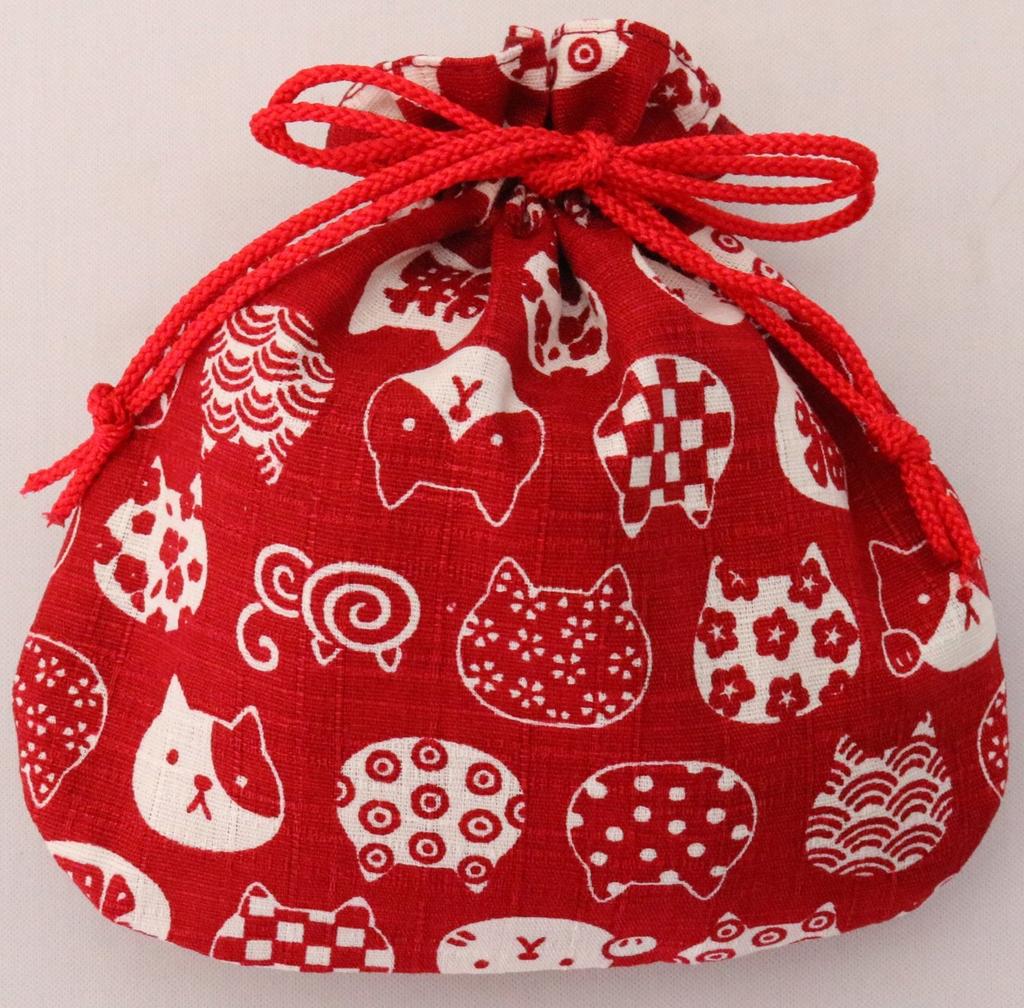 Made In Cotton Drawstring 16 X Small Japanese Red [Kyosuke] Japan, 100% Bag, Approx. 15.5cm, Pouch, Pattern, Nyankomon,