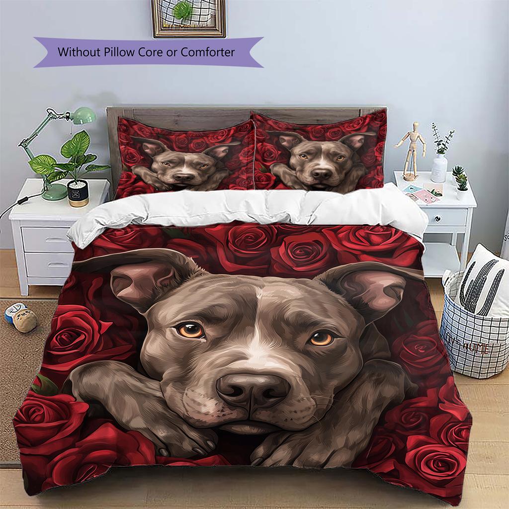 Pitbull and roses Pattern Bedding Home Decoration Birthday Gift (1 * duvet cover + 2 * pillowcase, without core)