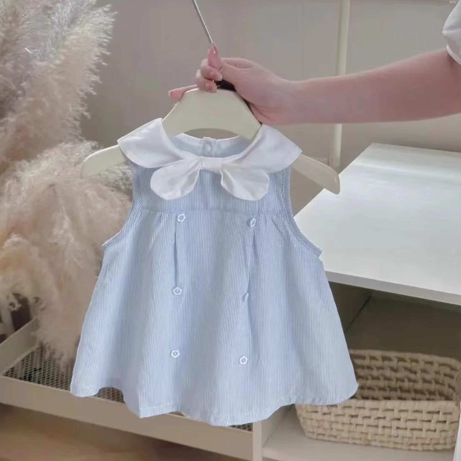 Summer Girls Navy Collar Bow Sleeveless Dress Breathable Thin Princess Vest Dress for Outdoor Wear 140cm синий