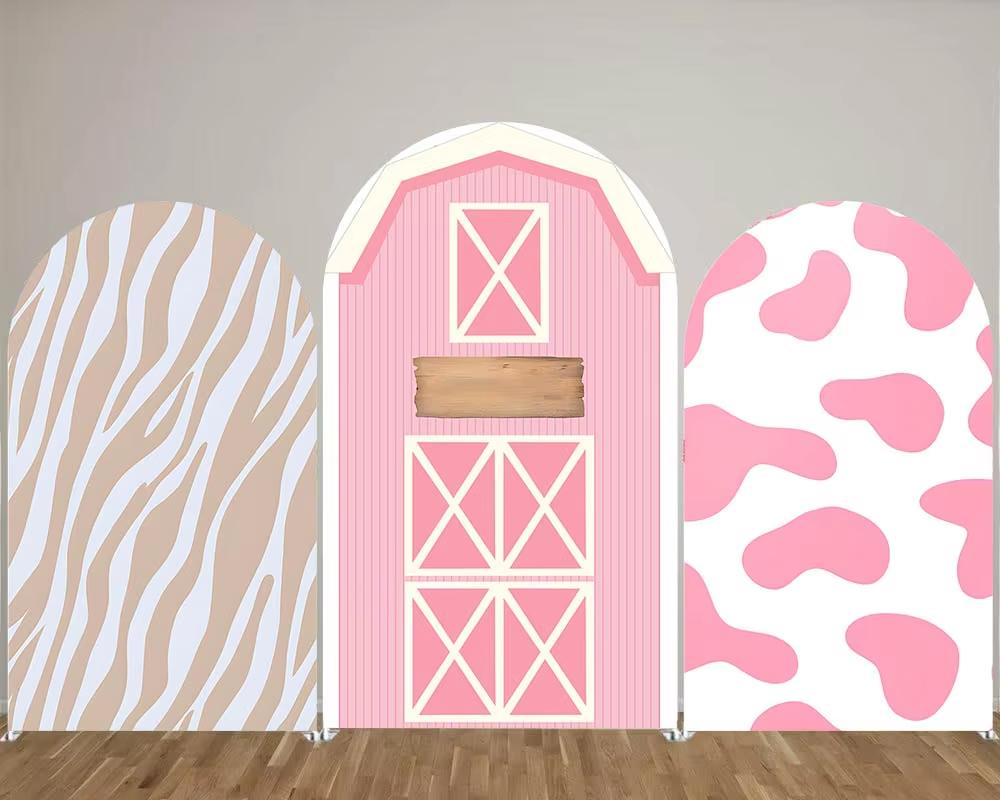 BEPAN Pink Kuh-Thema Bogen-Säulen-Hintergrund anpassbar Baby-Geburtstagsparty Taufe Babyparty Dekorations-Requisiten Stretch-Stoff