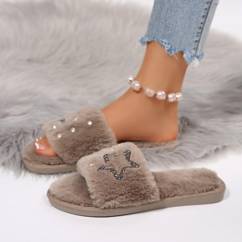 Fashion 2025 Autumn/winter Women New Round-toe Thick-soled Flat Mid-heel Fur Sandals Star Rhinestone Slippers Home Slippers