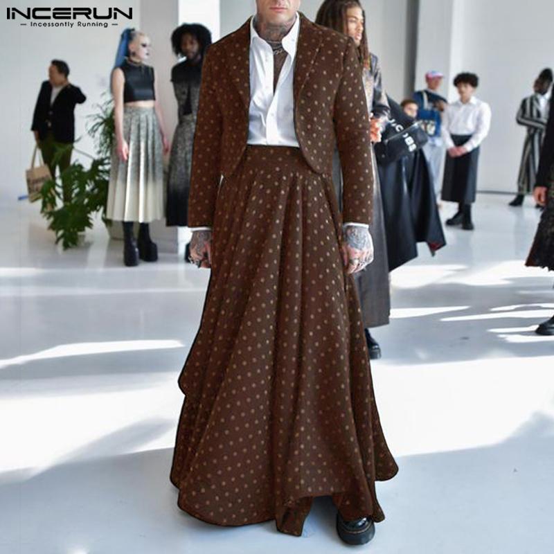 INCERUN Men Long Sleeve Polka Dots Cropped Blazer and Long Skirts Sets Outfits