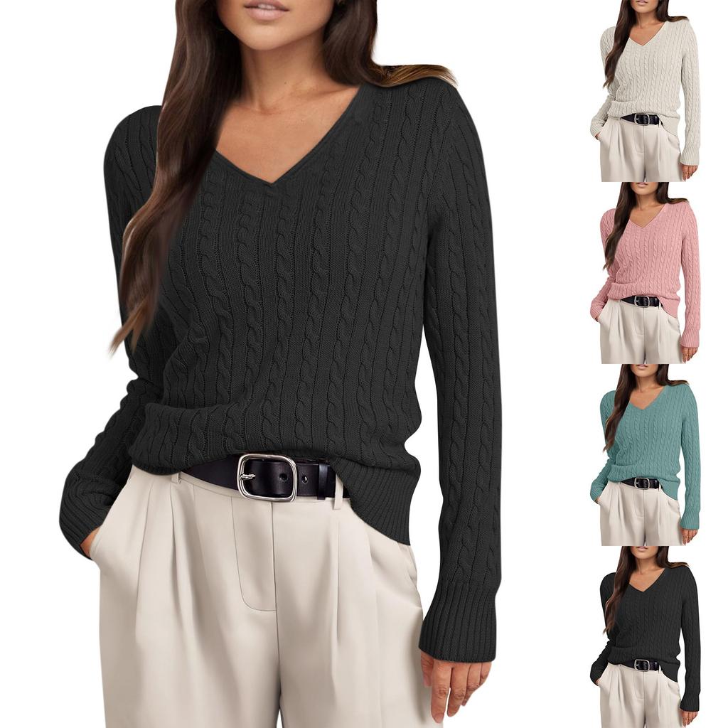 Women's Cable Knit V Neck Sweater Lightweight Soft Pullover Sweaters