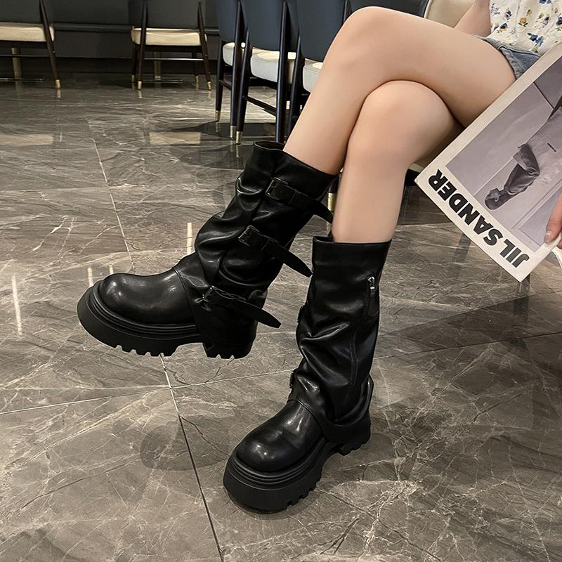 Fashion Designer Thick Heel Women Western Cowboy Boots Fashion Ladies Belt Buckle Knight Booties botas de inverno feminina