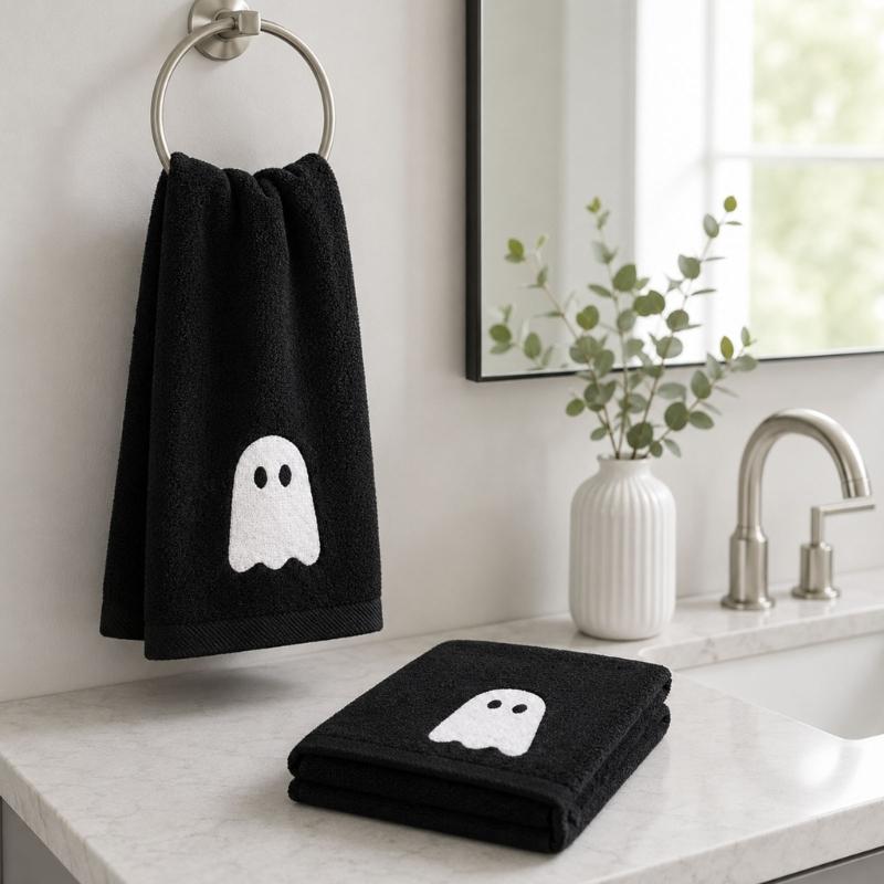 Bathroom Towel Accent Set, Black and White Ghostly Design Hand Towels in Two Piece Soft Polyester Pair for Guest Bath Use, Daily Drying, and Halloween