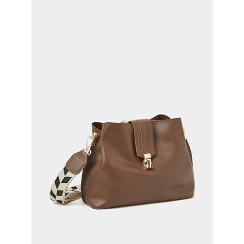 WomenS Brown Pu Wide Strap Bag With Turn Lock Closure коричневый