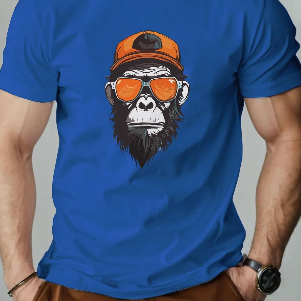 Men's Summer 100% Pure Cotton Fashionable Casual Sports Loose Monkey Pattern Printed Round Neck Short Sleeved T-shirts
