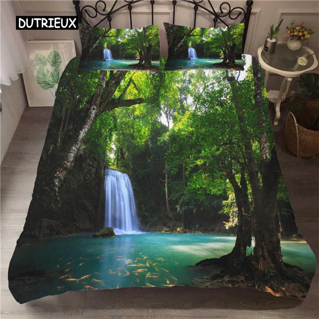 Sada povlaků na přikrývku Vodopád Přírodní scenérie Povlak na přikrývku Povlak na polštář Krajina Les Vodopád Queen Size Polyester Povlečení