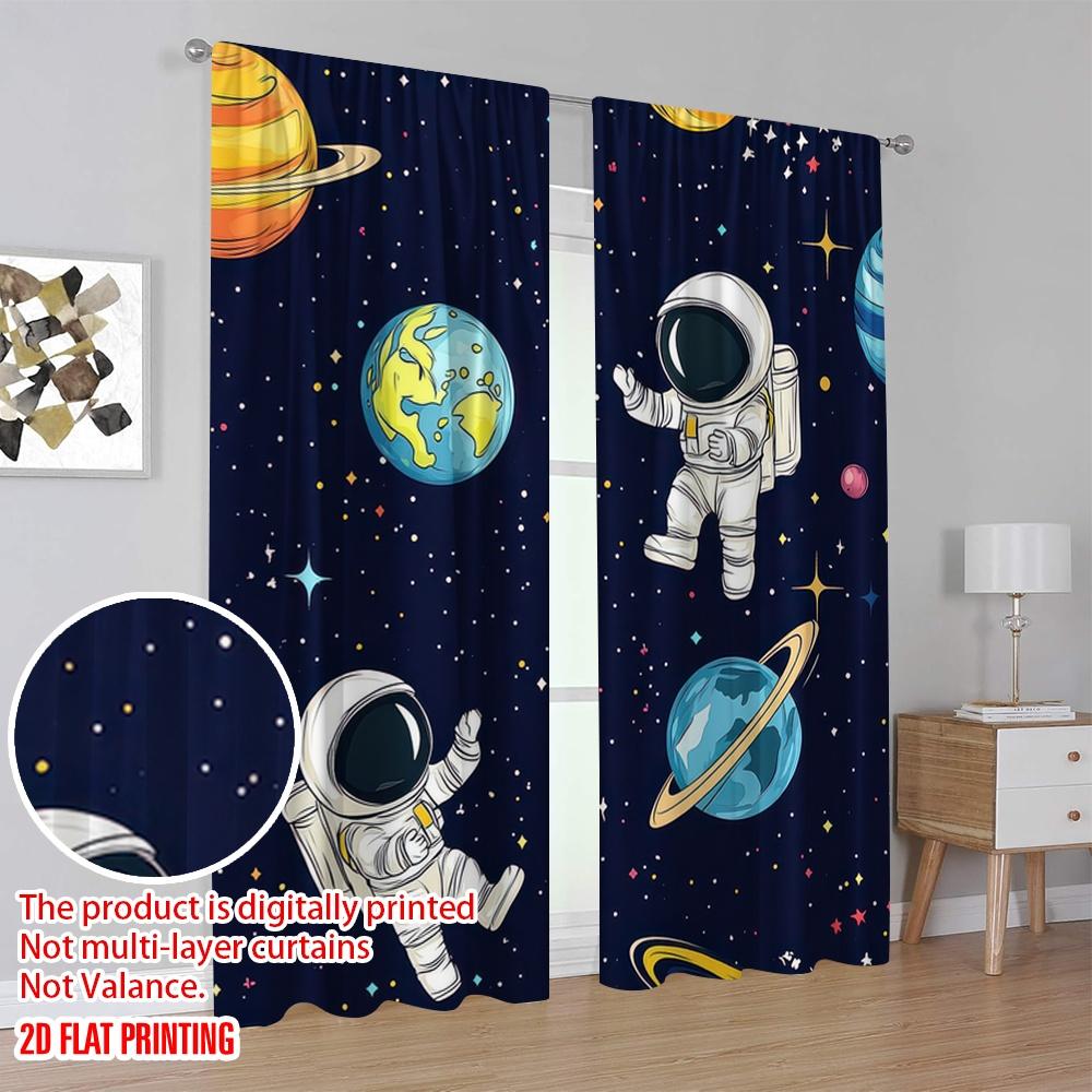 2D flat printing 2pcs Window Curtains Cartoon Funny Spaceman Versatile Polyester Fabric  Without Electricity Spring Party &