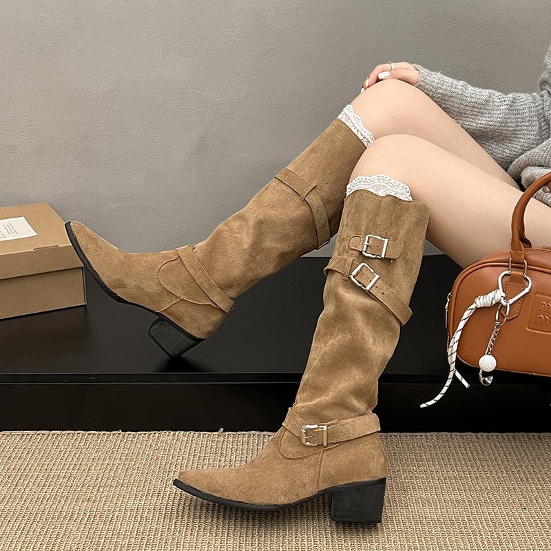 Pointed Boots Children Thick Heel Thin Pleated Piled Boots Women's 2025 Spring and Autumn Khaki Suede But Knee Boots