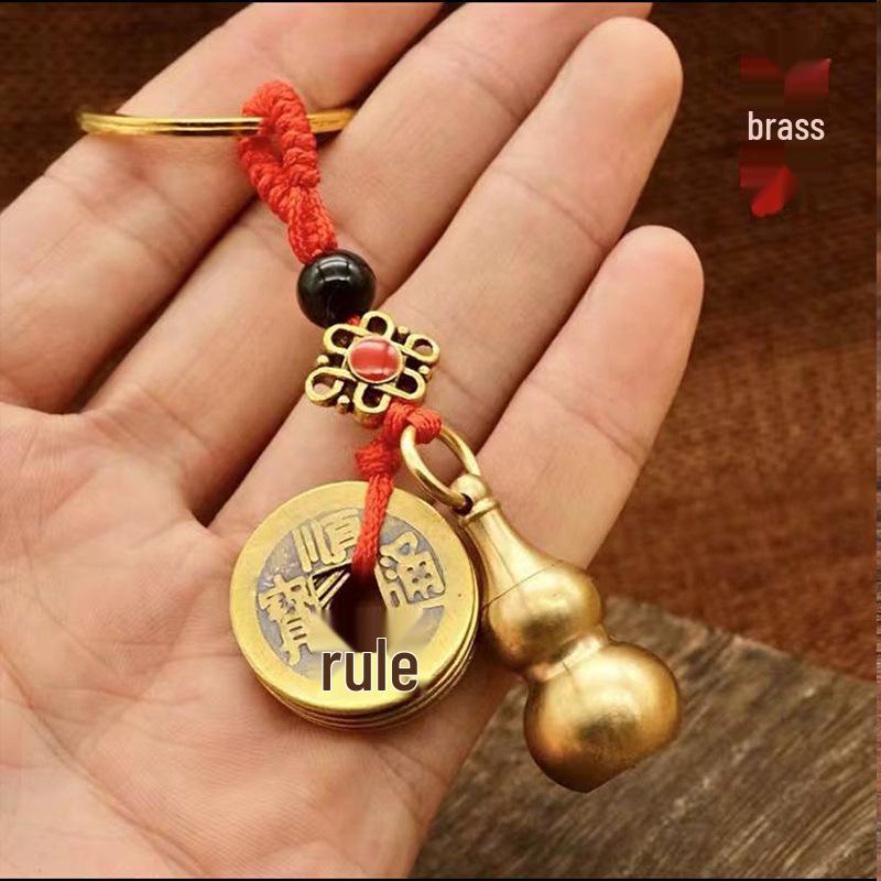 Red Rope Brass Keychain with Five Emperors Coins, Zodiac Animals, and Openable Copper Gourd for Cinnabar Pendant