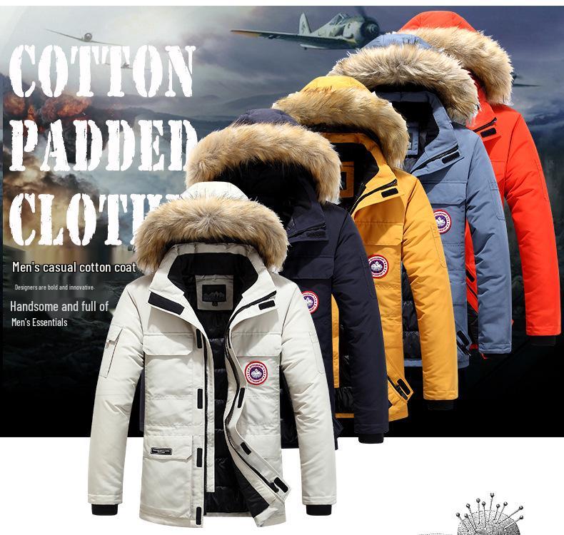 Men's Mid-Length Cotton Jacket with Fur Collar - Warm, Hooded, Windproof, Fashionable Outerwear