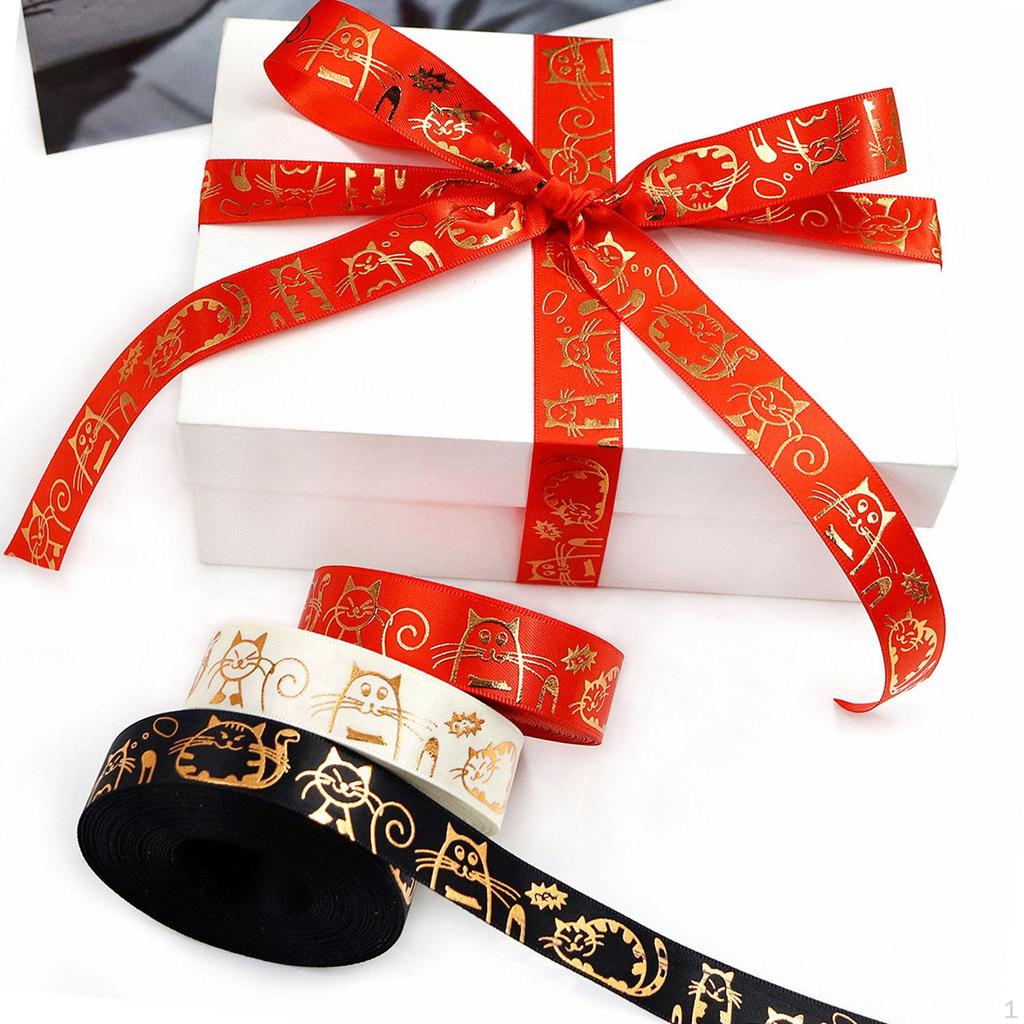 3x Gift Wrapping Ribbons Craft Black, Red and Beige Multipurpose Decorative Cat Printed for